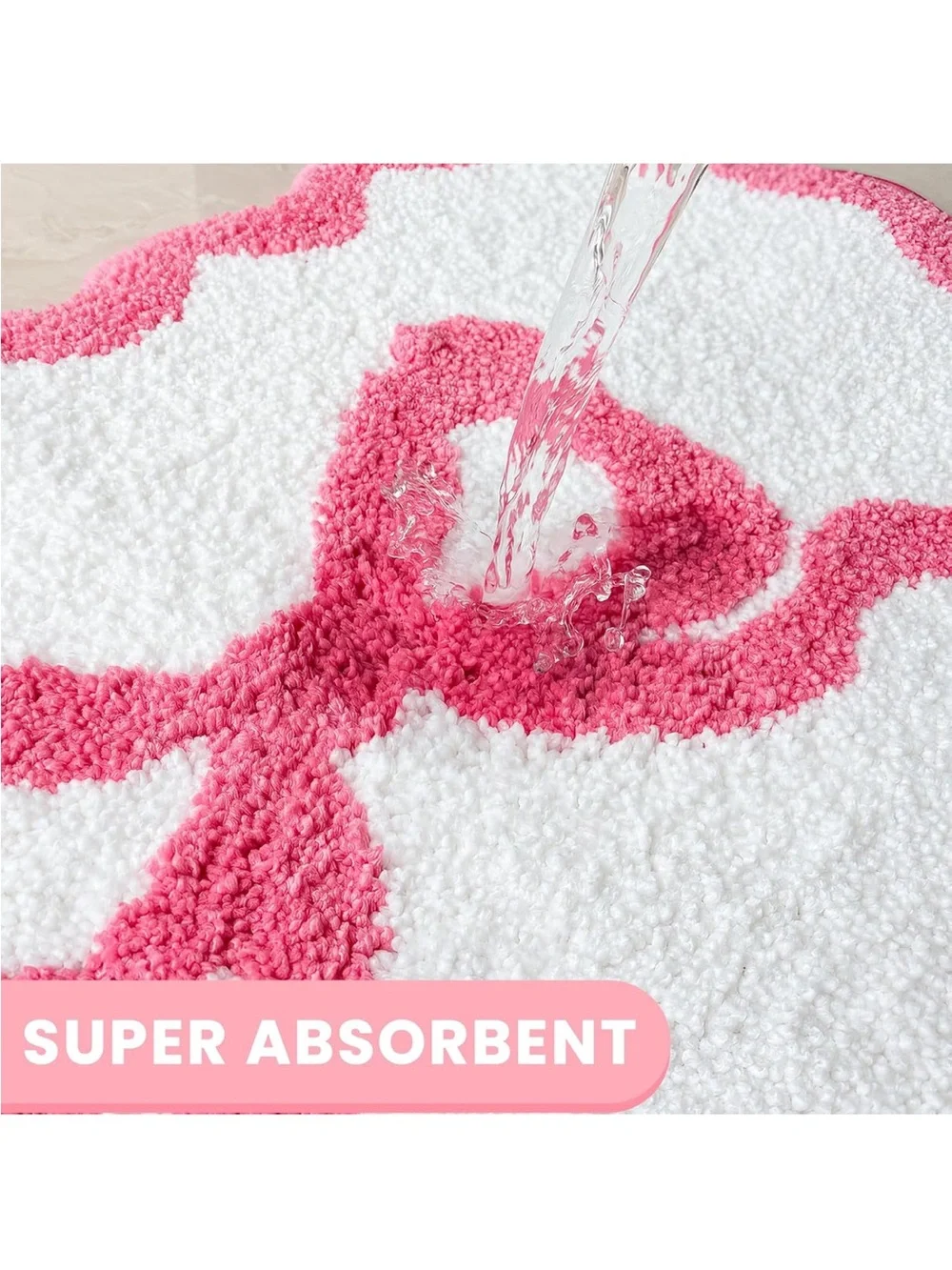 New Pink Bow Bathroom Rug Mat Set 3 Piece, Microfiber Shaggy Bath Set, Non-Slip
